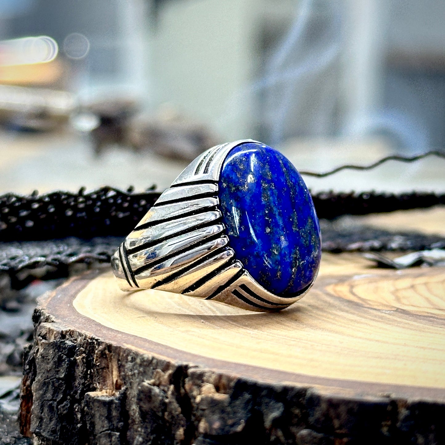 Men Handmade Natural Lapis Lazuli Stone Ring