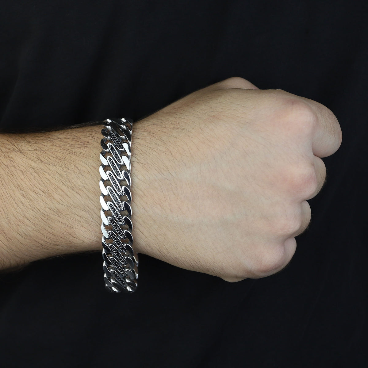 925 Silver Black Onyx Chain Bracelet, 15MM Silver Curb Chain Bracelet, Natural Onyx Gourmet Chain Bracelet