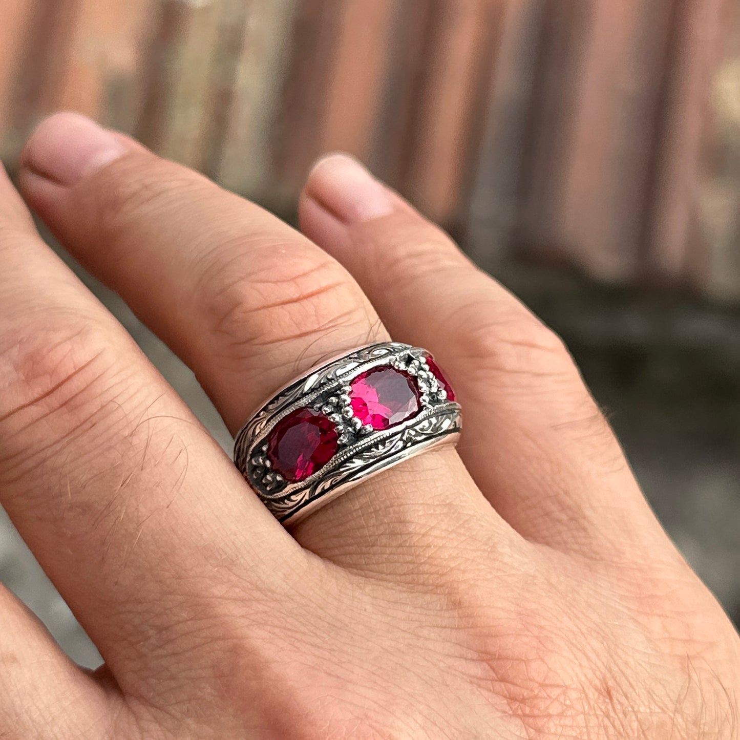 Men Handmade Engraved Ruby Gemstone Band Ring