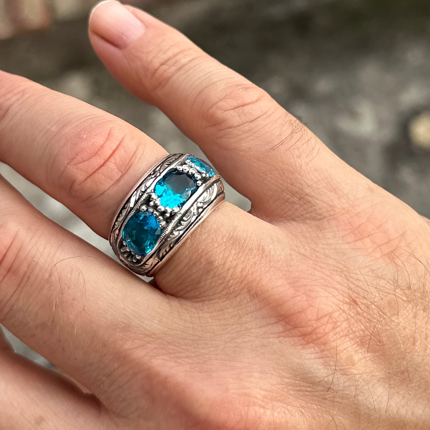 Men Handmade Aquamarine Gemstone Band Ring