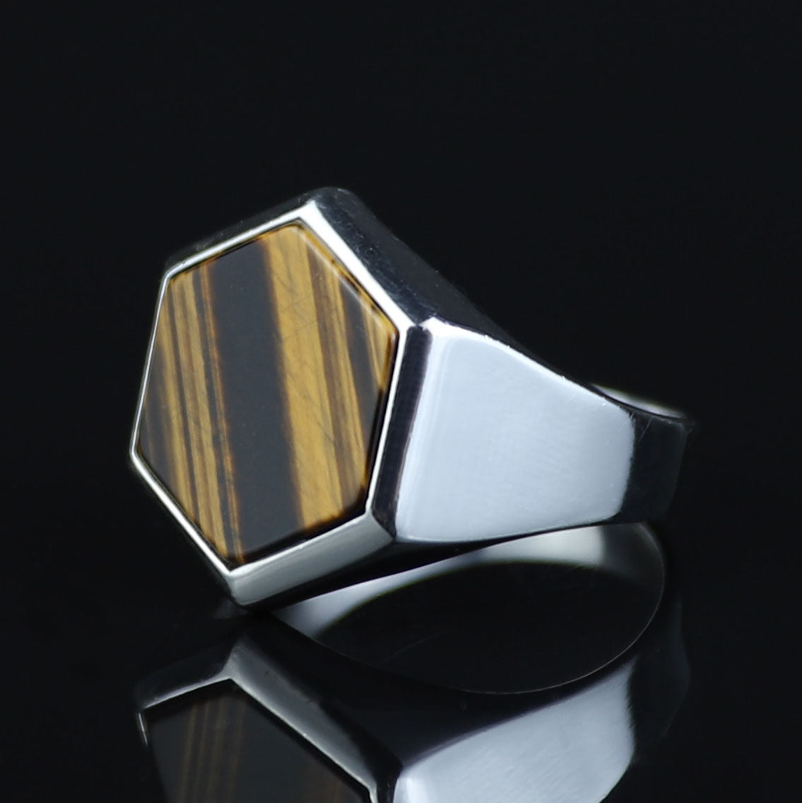 925 Hexagon Tiger's Eye Stone Ring, Silver Tiger Eye Ring, Signet Tiger Ege Gemstone Ring, Handmade Tiger Eye Stone Ring , Gift to Him