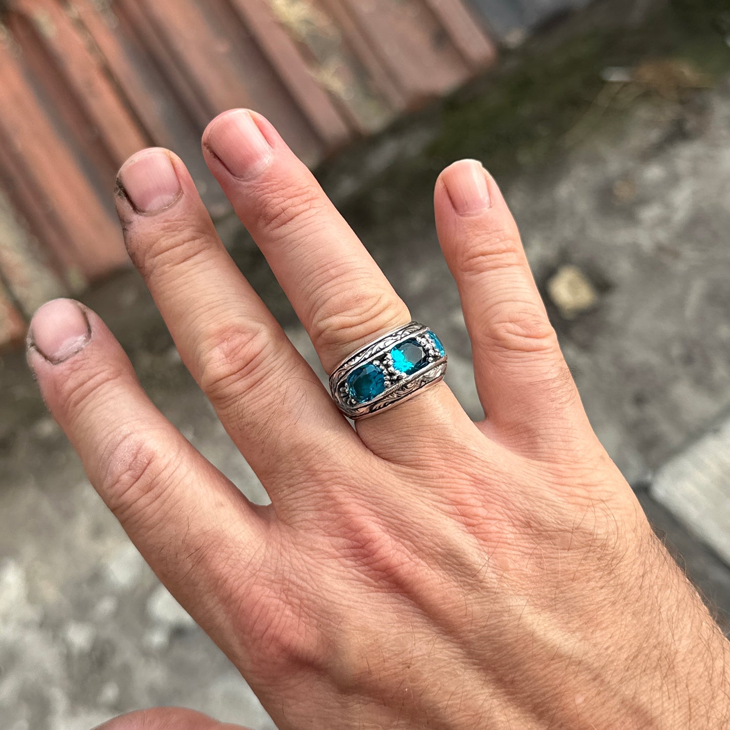 Men Handmade Aquamarine Gemstone Band Ring