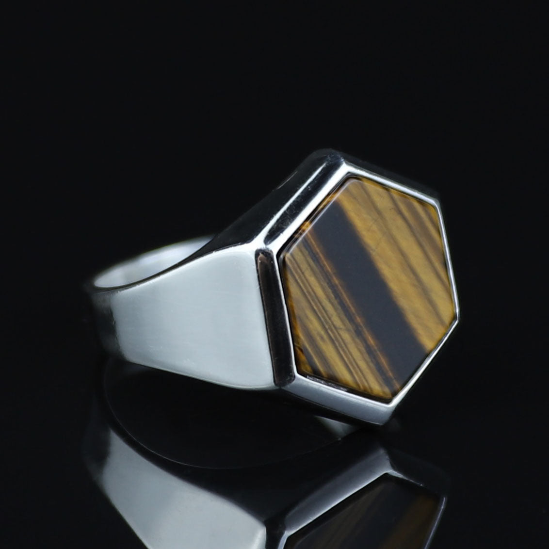 925 Hexagon Tiger's Eye Stone Ring, Silver Tiger Eye Ring, Signet Tiger Ege Gemstone Ring, Handmade Tiger Eye Stone Ring , Gift to Him