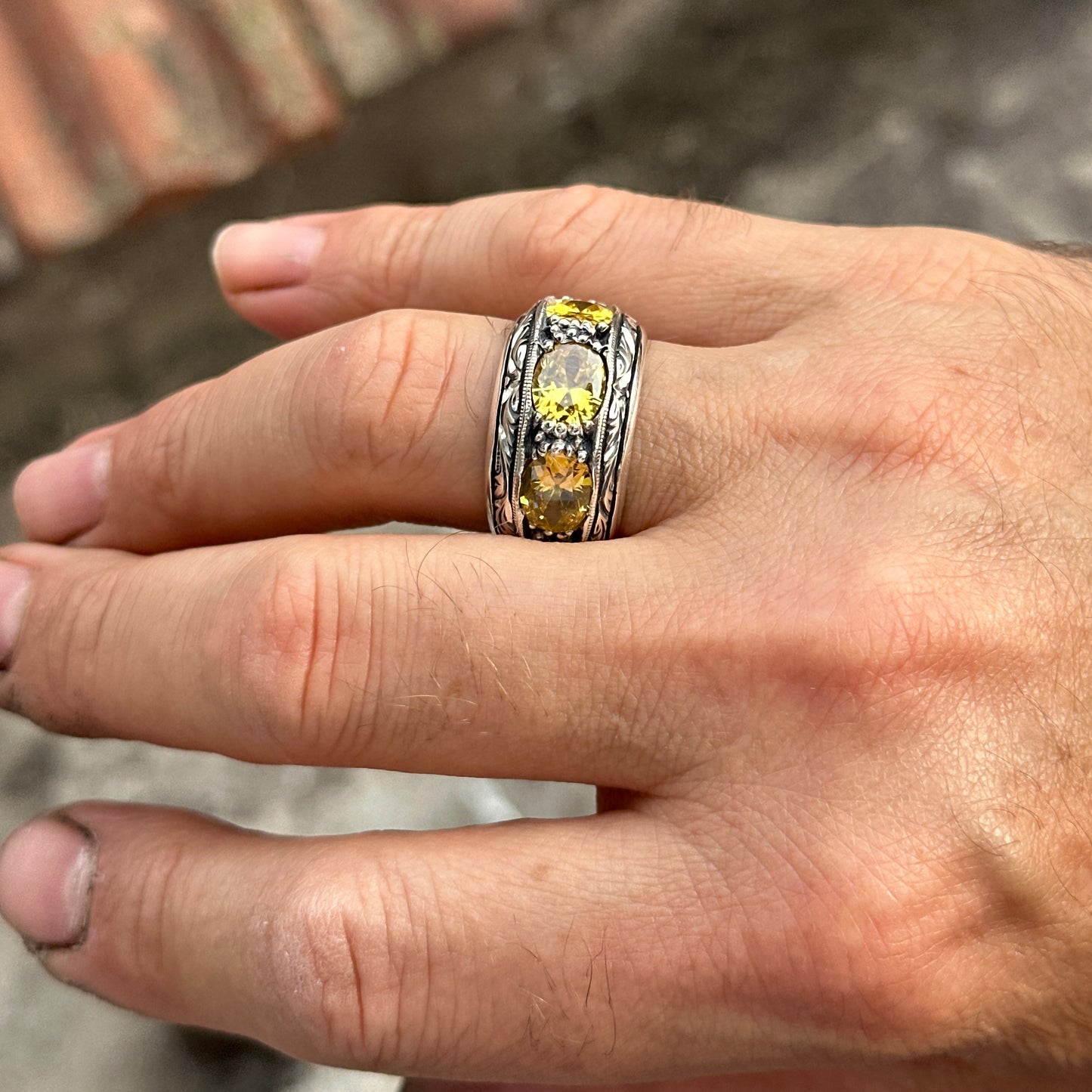 Men Handmade Engraved Yellow Citrine Band Ring