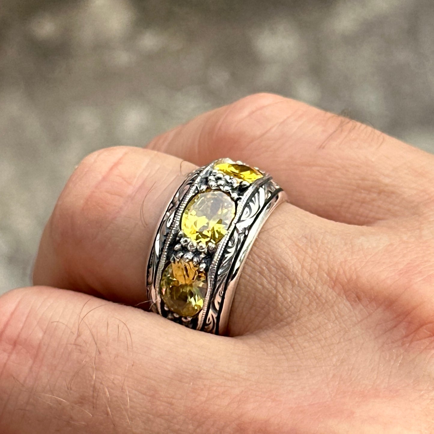 Men Handmade Engraved Yellow Citrine Band Ring