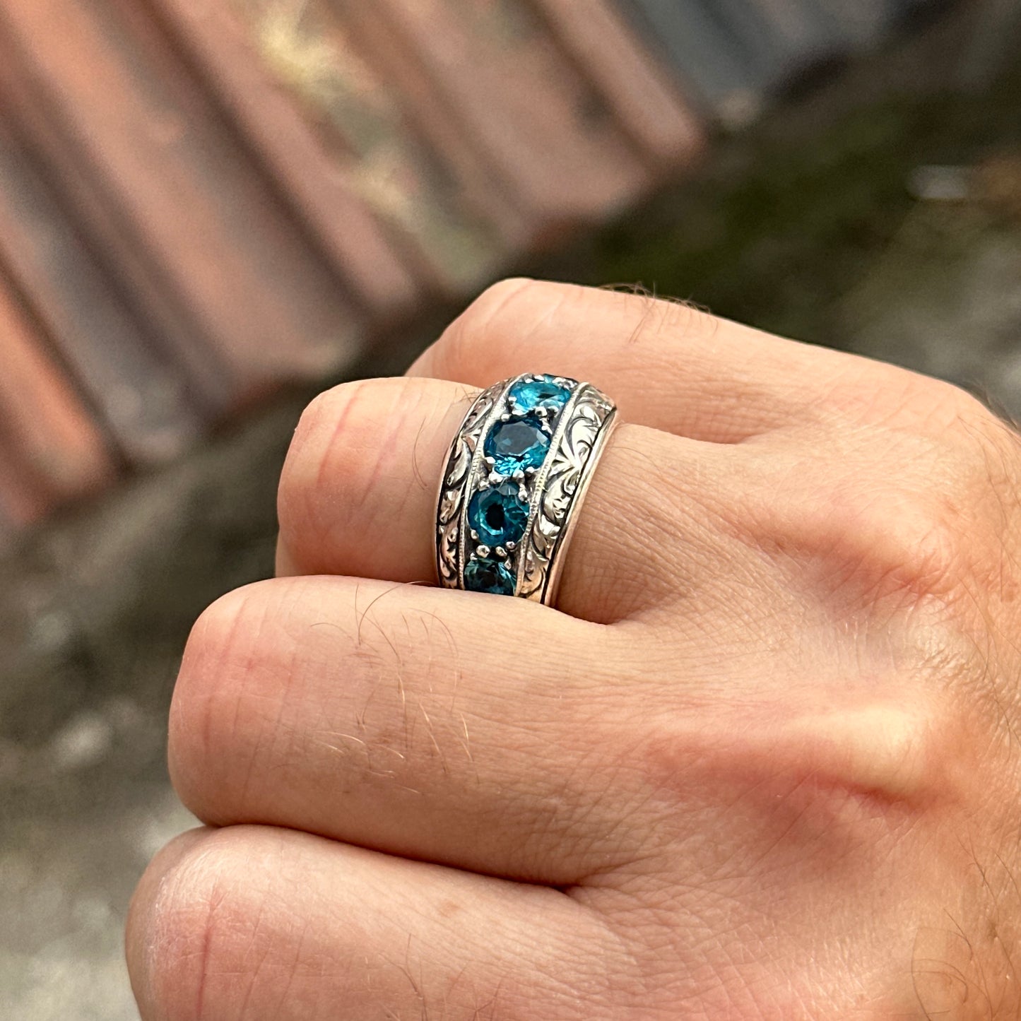 Men Silver Handmade Aquamarine Band Engraved Ring