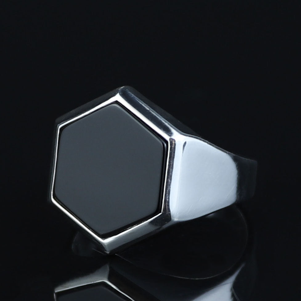 Mens Hexagon Onyx Signet Ring, Black Onyx Stone Ring, Modern Silver Men Ring, Classic Signet Ring, 925k Sterling Silver Ring, Gift For Him