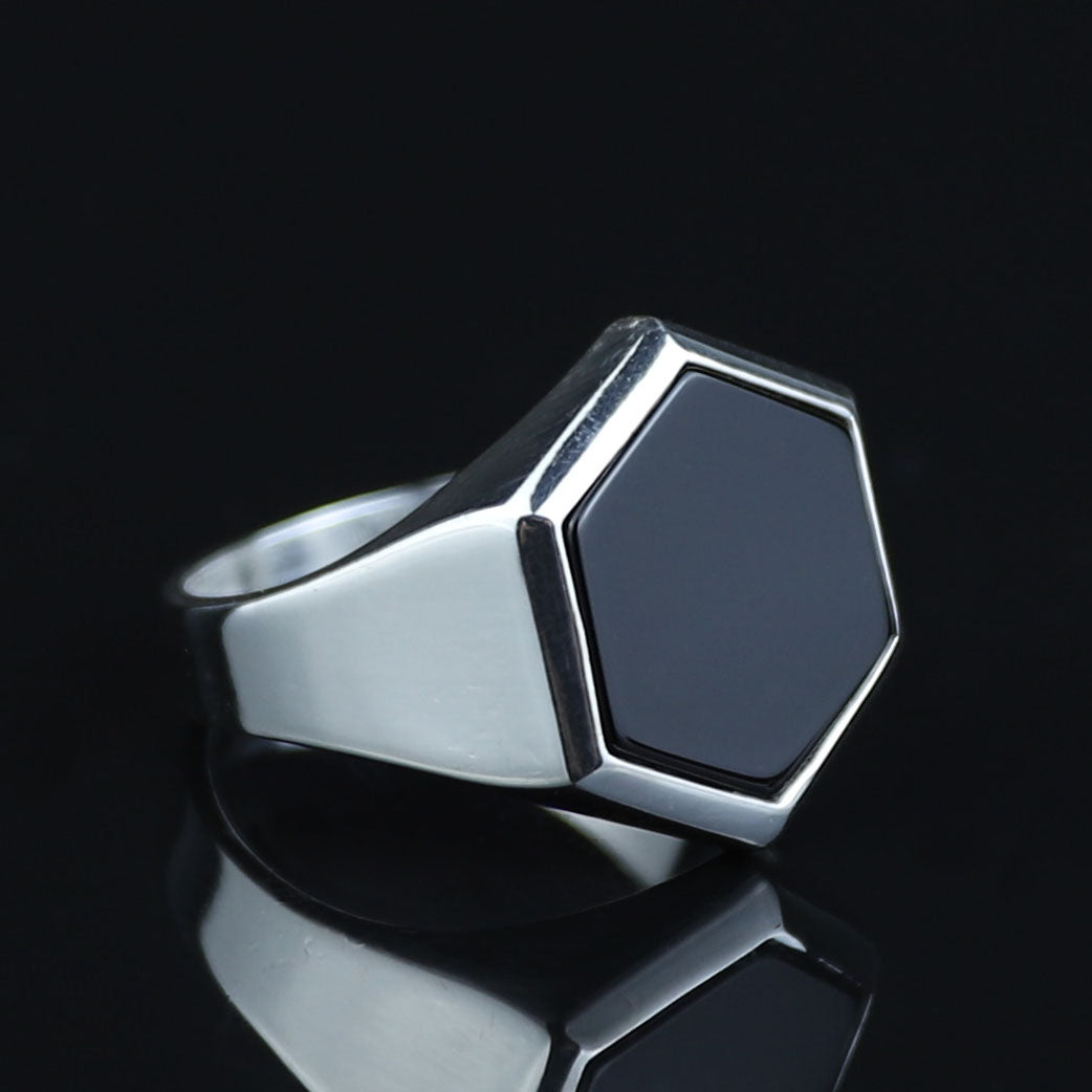 Mens Hexagon Onyx Signet Ring, Black Onyx Stone Ring, Modern Silver Men Ring, Classic Signet Ring, 925k Sterling Silver Ring, Gift For Him