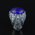 Men Handmade Turkish Engraved Blue Lapis Lazuli Gemstone Silver Ring