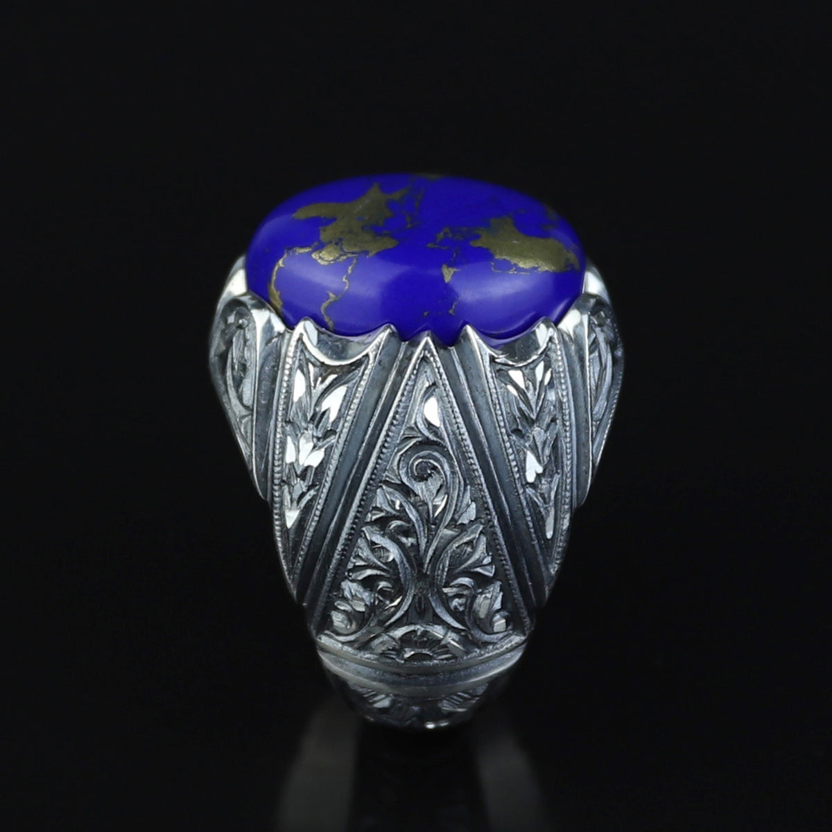 Men Handmade Turkish Engraved Blue Lapis Lazuli Gemstone Silver Ring