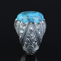 Men Handmade Sterling Silver Oval Floral Engraved Turquoise Gemstone Ring