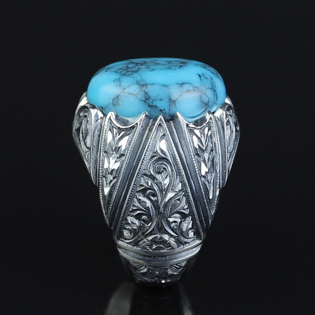 Men Handmade Sterling Silver Oval Floral Engraved Turquoise Gemstone Ring