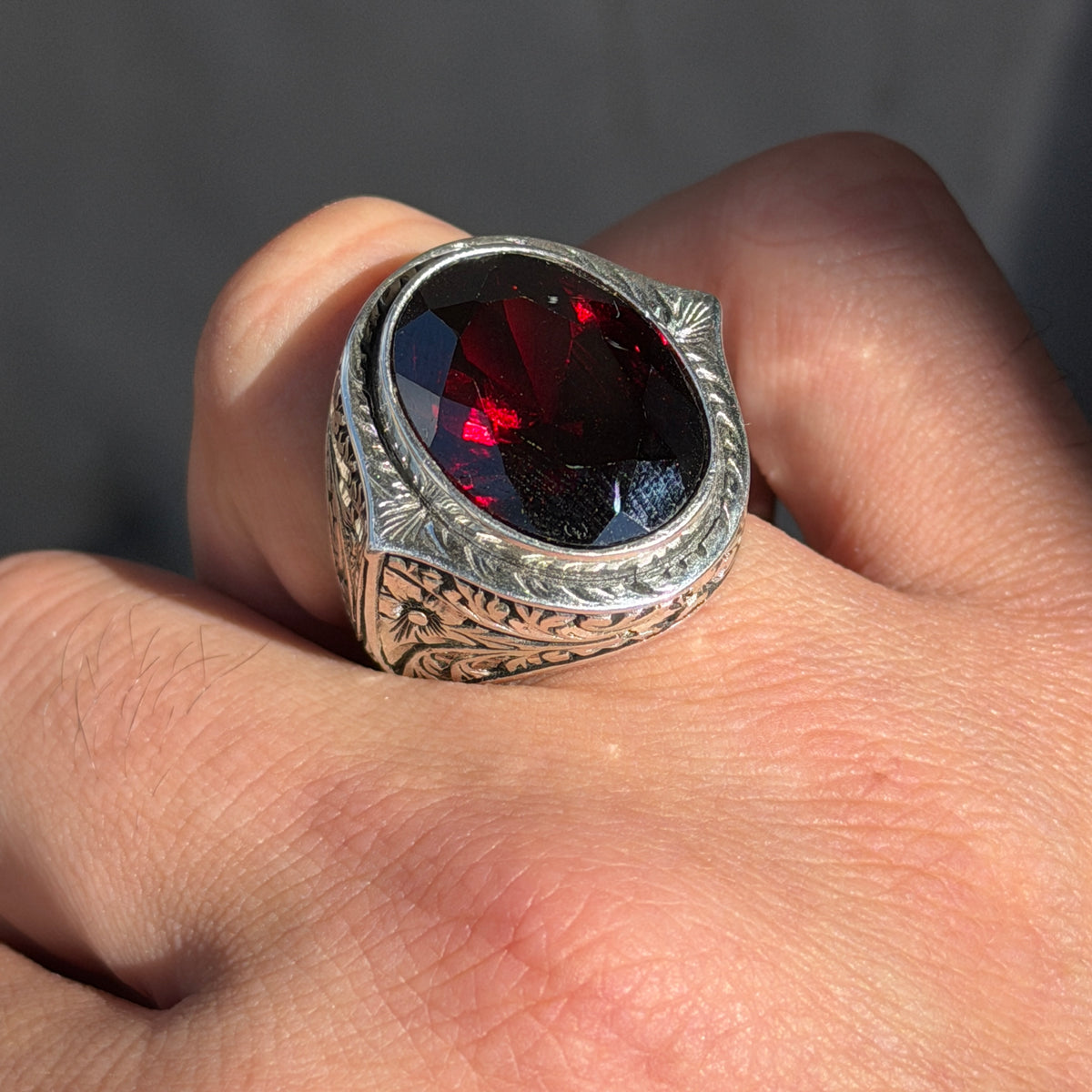 925 Silver Dark Ruby Stone Ring, Vintage Red Gemstone Men Ring, Garnet Gemstone Ring, Mens Turkish Handmade Ring, 925 Sterling Silver