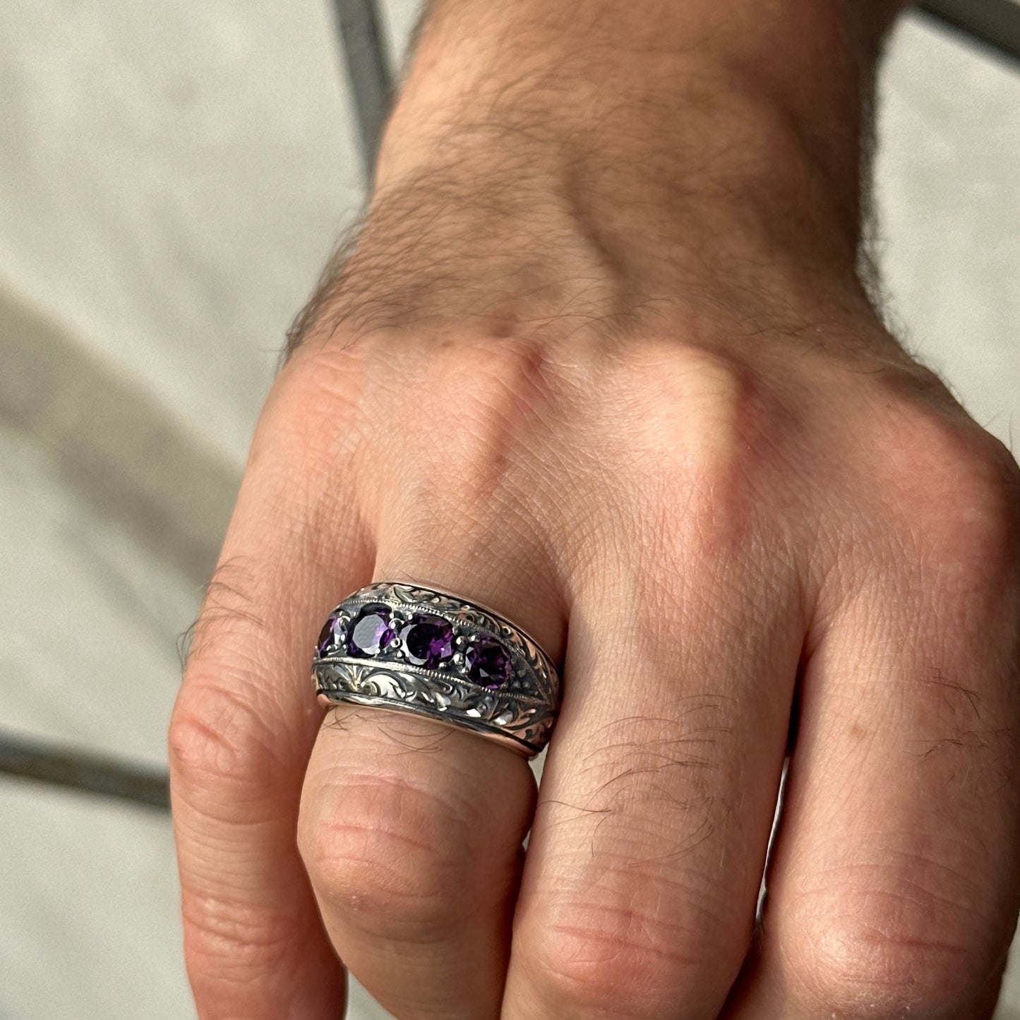 Men Handmade Engraved Natural Amethyst Ring