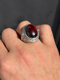 Men Silver Oval Ruby Stone Ring, Zircon Red Stone Ring, Engraved Style Handmade Ring, 925k Sterling Silver Ring , Gift For Him