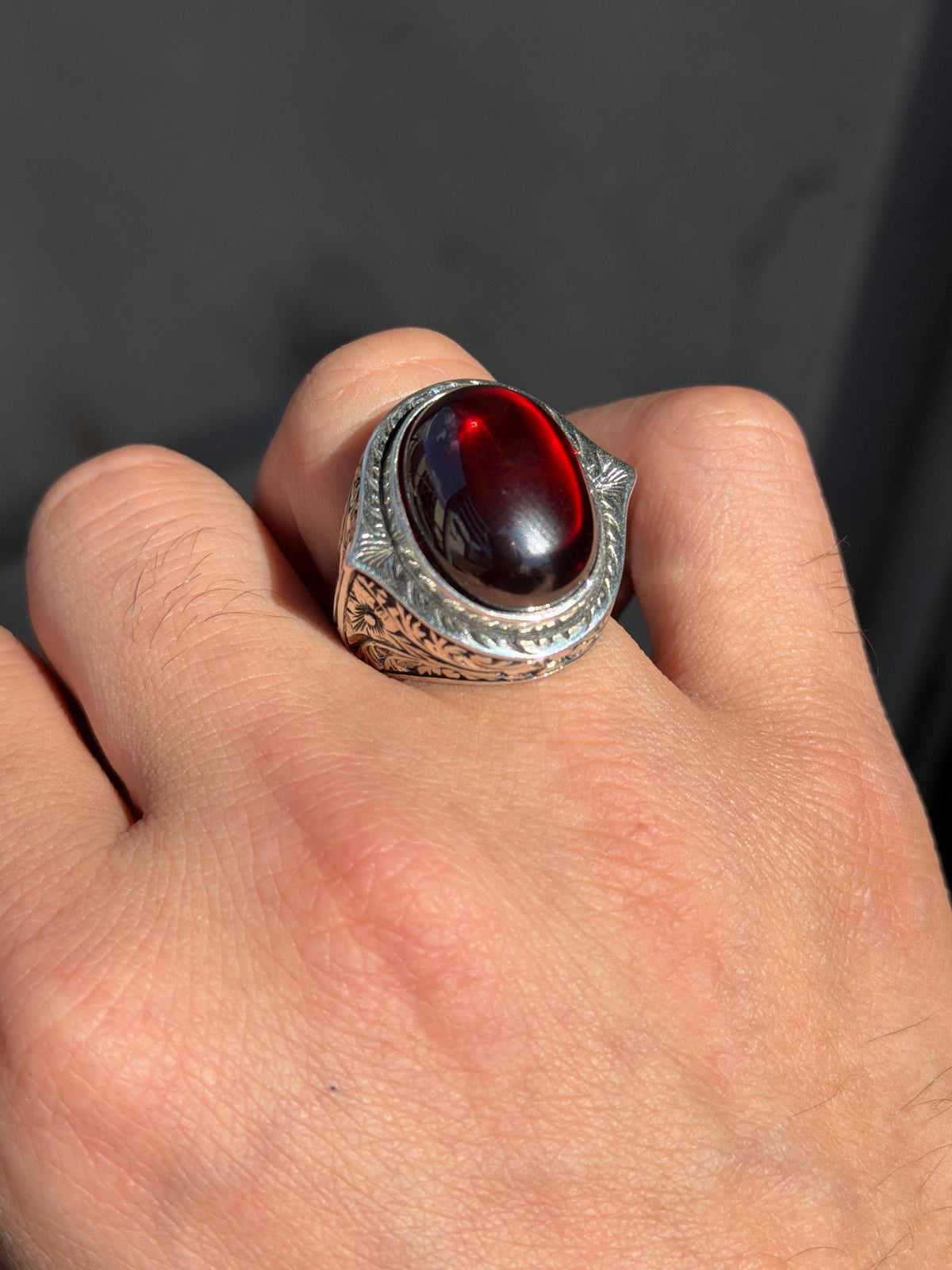 Men Silver Oval Ruby Stone Ring, Zircon Red Stone Ring, Engraved Style Handmade Ring, 925k Sterling Silver Ring , Gift For Him