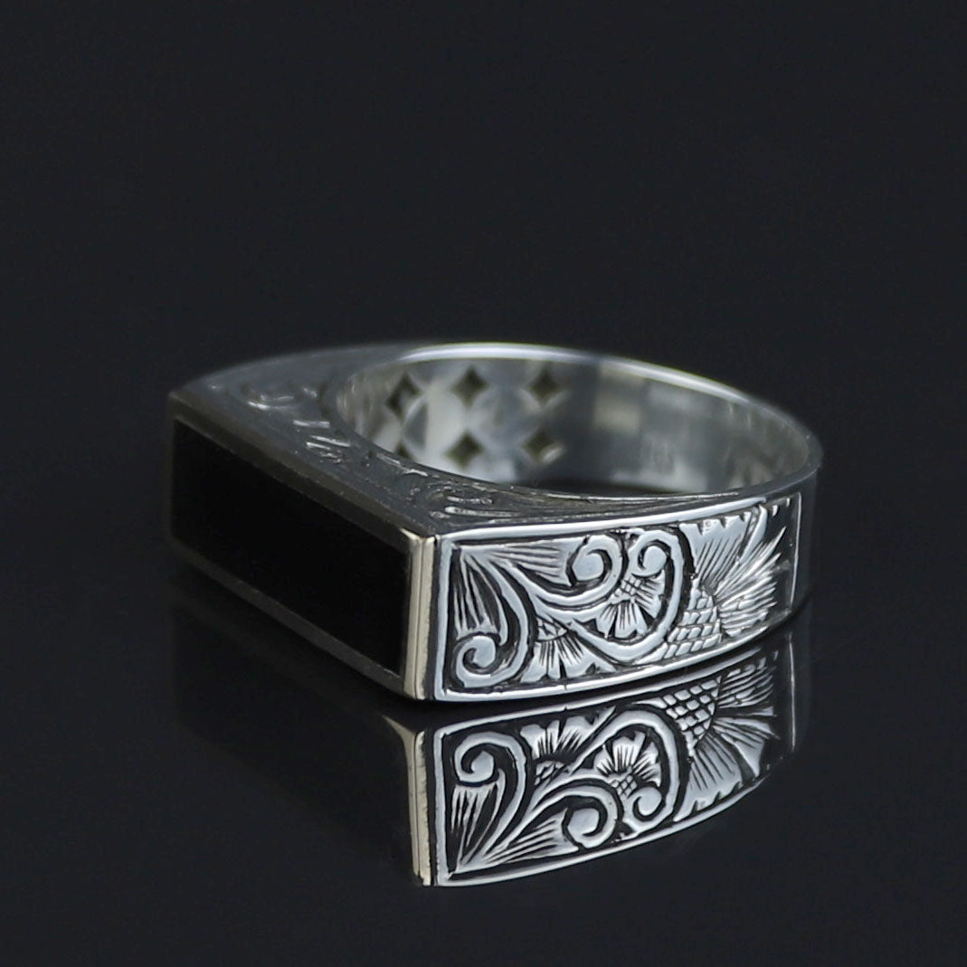 925 Sterling Silver Men’s Black Onyx Signet Ring, Rectangular Engraved Statement Ring, Turkish Handmade Jewelry