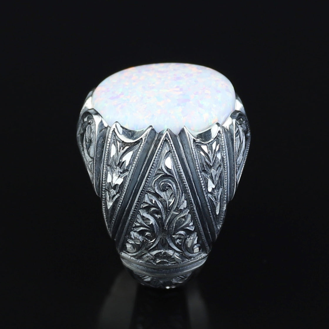 925 Men Handmade White Fire Opal Gemstone Turkish Engraved Ring
