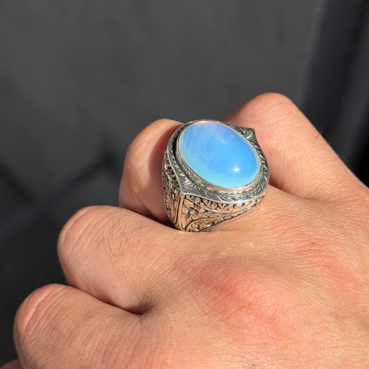 Silver Men Natural Moonstone Ring, Hand-Engraved Moonstone Ring, Rainbow Moonstone Ring , Handmade Silver Ring, 925k Sterling Silver Ring