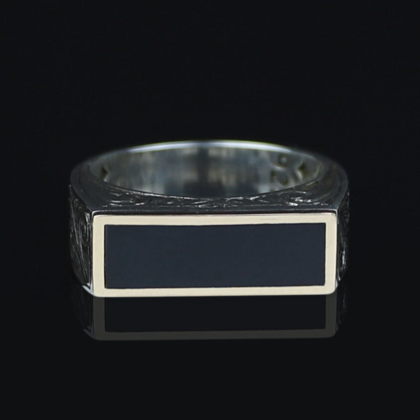 925 Sterling Silver Men’s Black Onyx Signet Ring, Rectangular Engraved Statement Ring, Turkish Handmade Jewelry