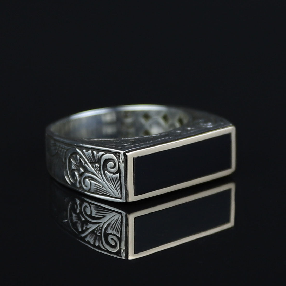 925 Sterling Silver Men’s Black Onyx Signet Ring, Rectangular Engraved Statement Ring, Turkish Handmade Jewelry