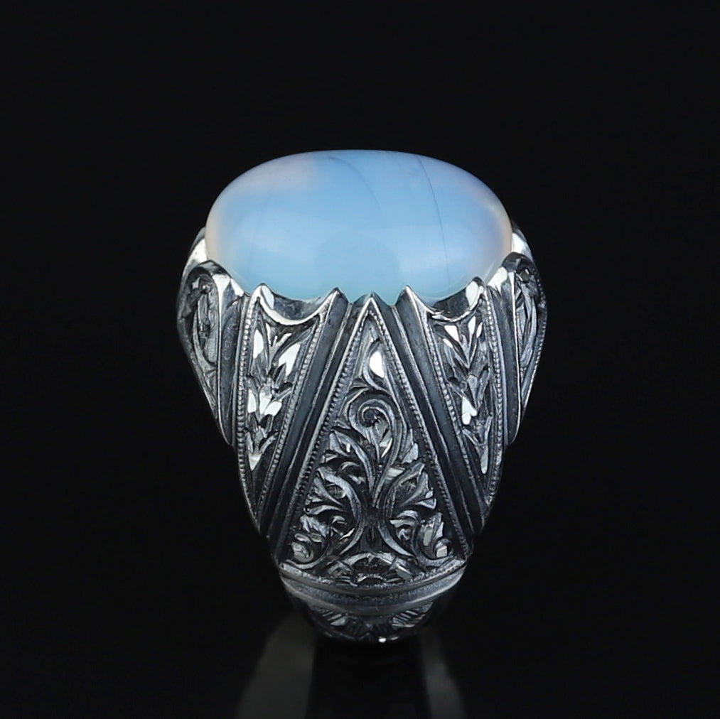 Men Handmade Rainbow Moonstone Engraved Turkish Handmade Ring