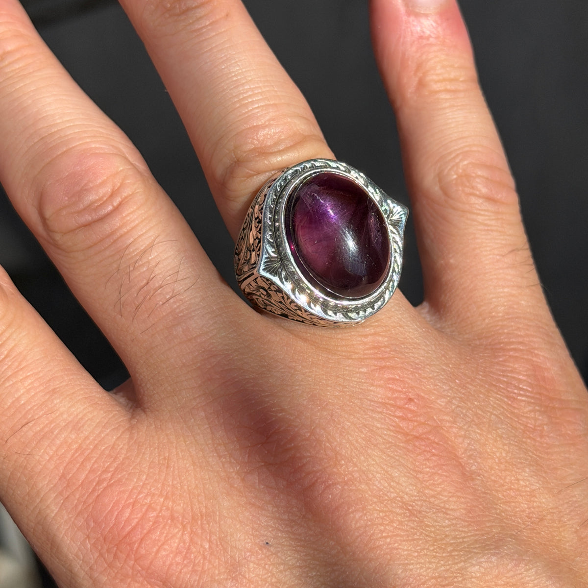 Men Silver Natural Amethyst Ring, Engraved Hanmdade Amethyst Ring, Handmade Engraved Ring, Purple Gemstone Ring, Vintage Silver Ring
