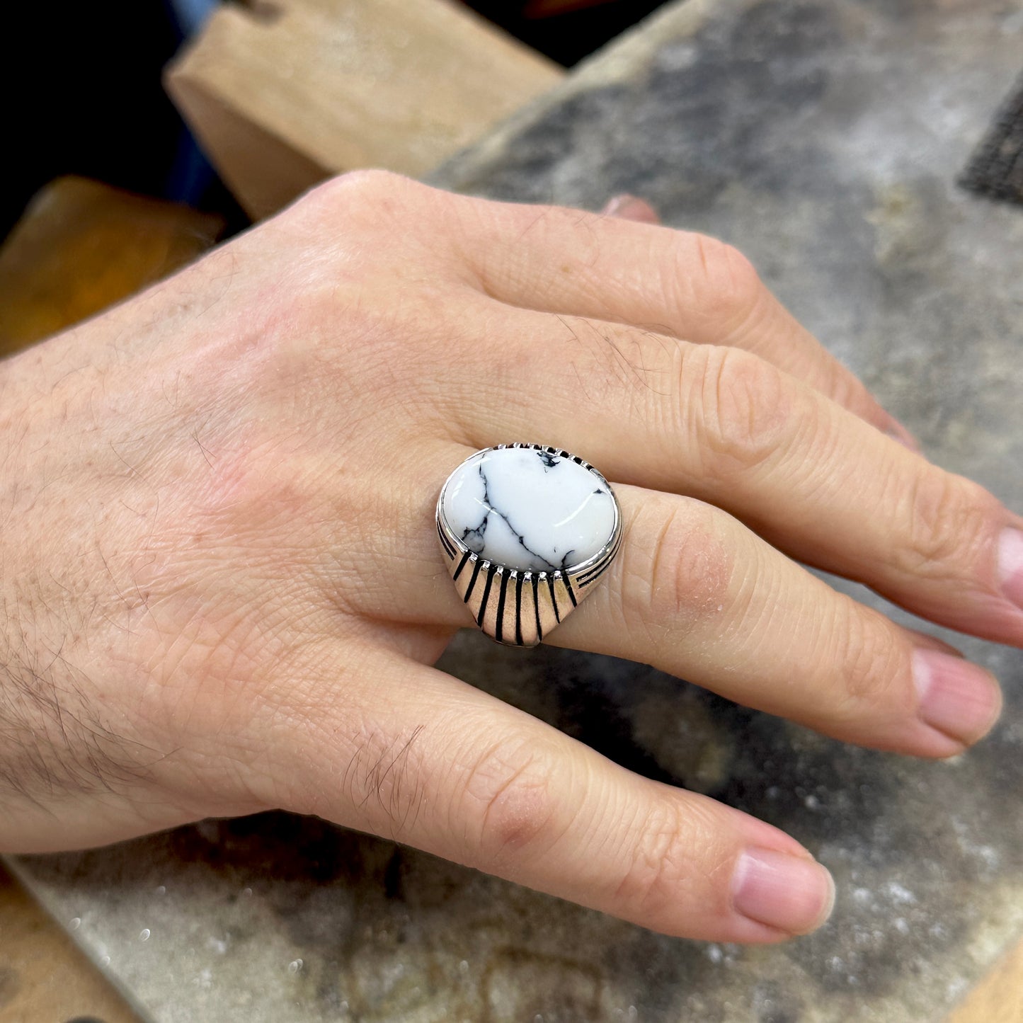 Men Handmade Silver White Turquoise Stone Ring