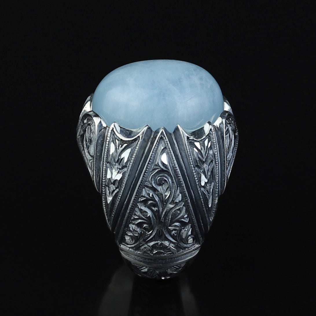 925 Men Handmade Silver Natural Aquamarine Gemstone Ring