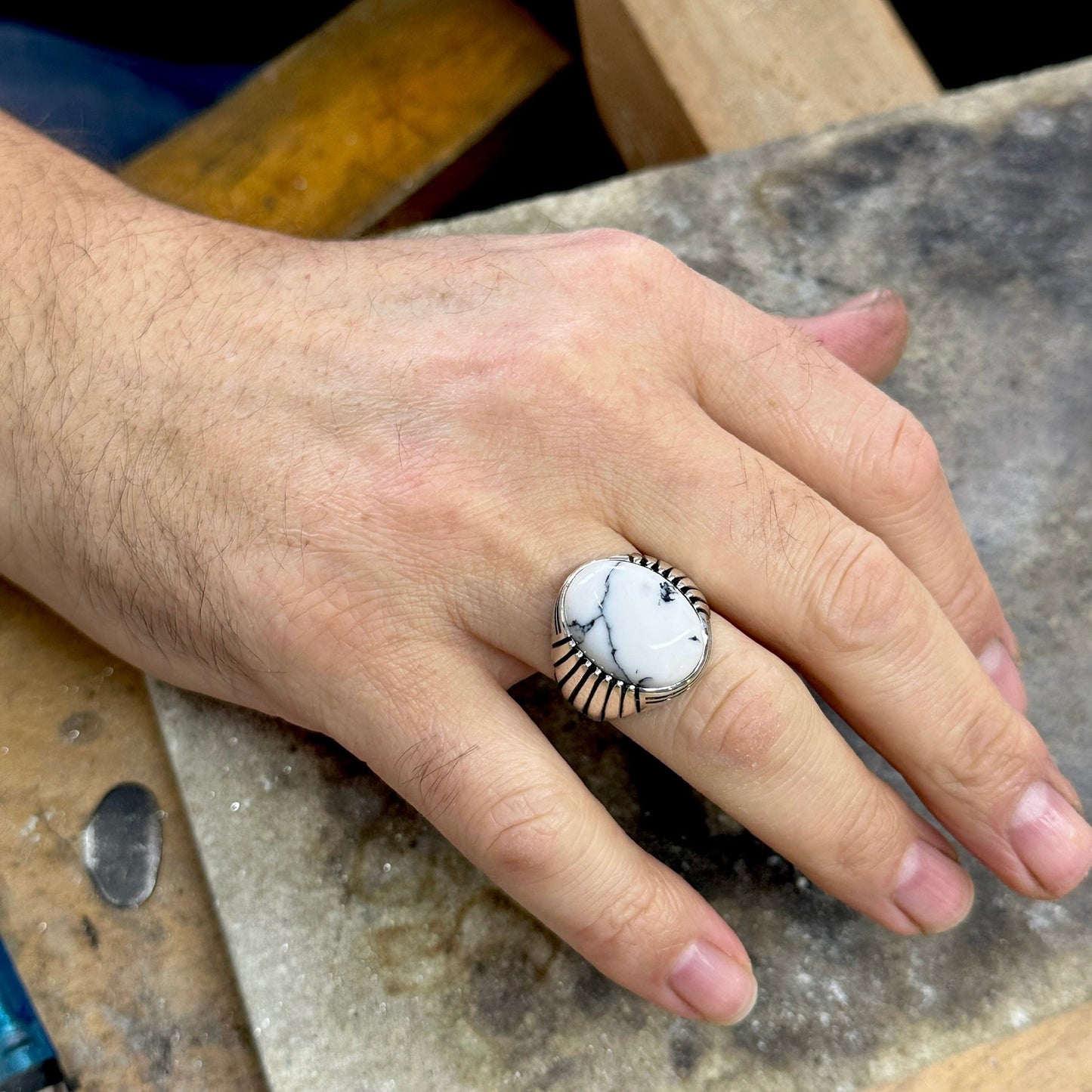 Men Handmade Silver White Turquoise Stone Ring