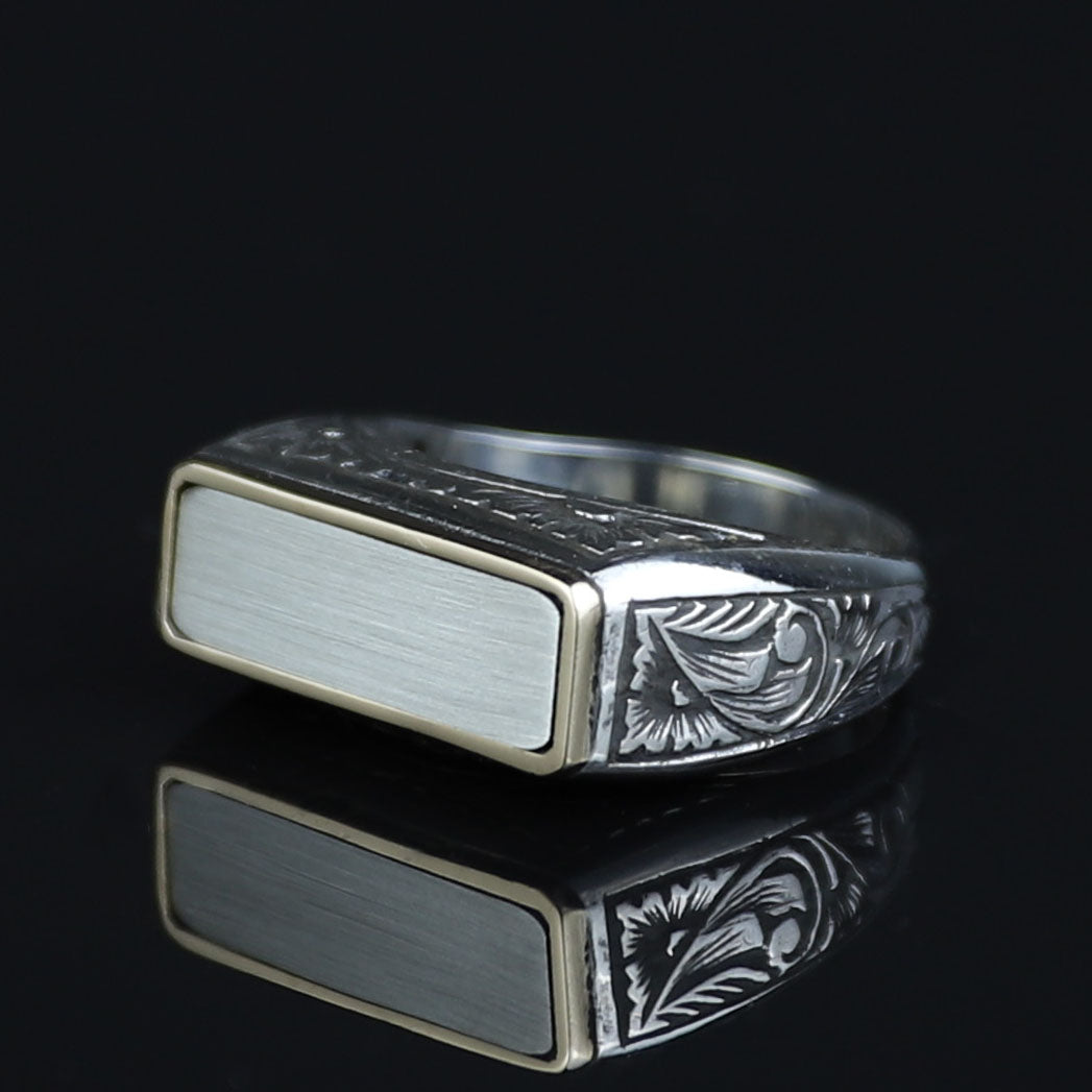 925 Sterling Silver Men’s Engraved Custom Signet Ring, Rectangular Engraved Statement Ring, Turkish Handmade Jewelry