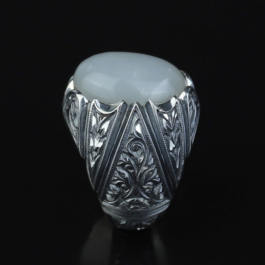 925 Silver Turkish Engraved Oval Rainbow Moonstone Ring