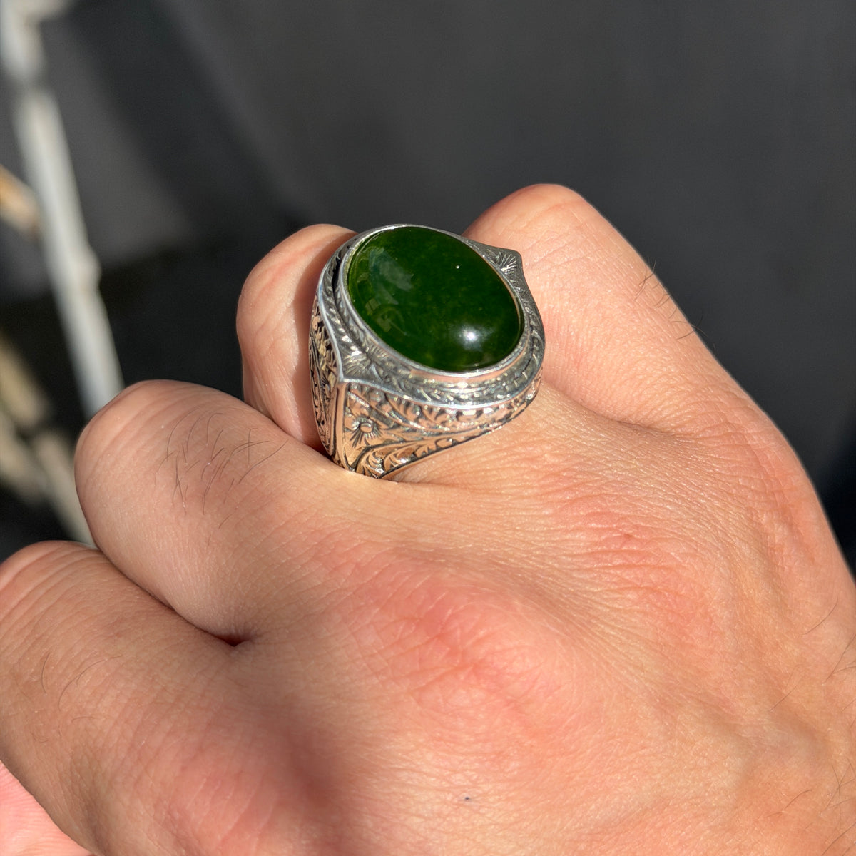 Men Large Jade Stone Ring, Natural Engraved Jade Stone Ring, Ottoman Style Jade Ring, Natural Jade Vintage Style Ring, 925k Sterling Silver