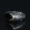 925 Sterling Silver Black Onyx Ring for Men, Vintage Oval Black Stone Signet Ring, Engraved  Style Statement Ring, Intricate Floral Side Design