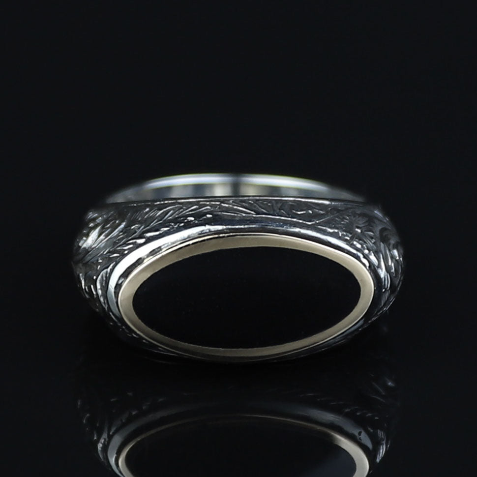 925 Sterling Silver Black Onyx Ring for Men, Vintage Oval Black Stone Signet Ring, Engraved  Style Statement Ring, Intricate Floral Side Design