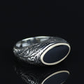 925 Sterling Silver Black Onyx Ring for Men, Vintage Oval Black Stone Signet Ring, Engraved  Style Statement Ring, Intricate Floral Side Design