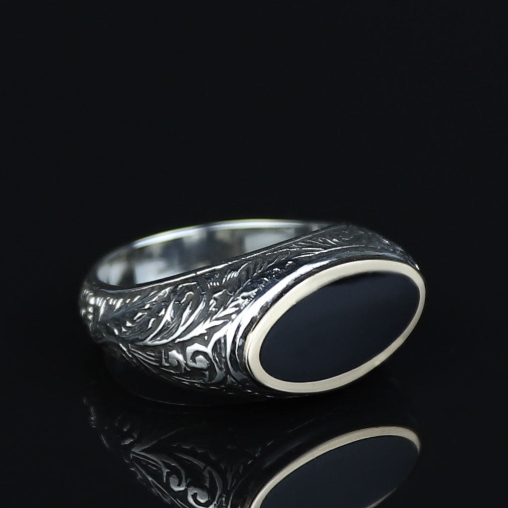 925 Sterling Silver Black Onyx Ring for Men, Vintage Oval Black Stone Signet Ring, Engraved  Style Statement Ring, Intricate Floral Side Design