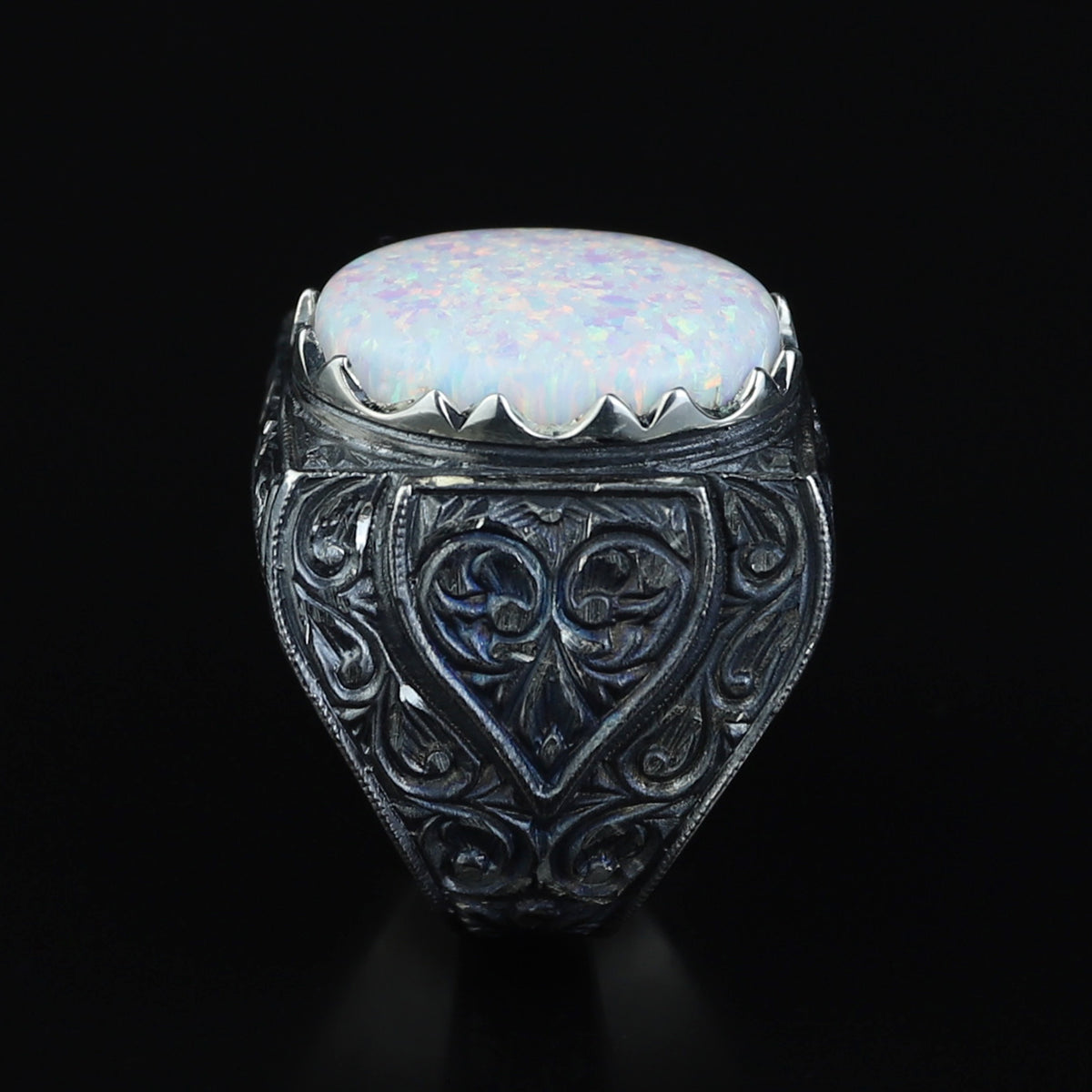 Men Handmade Natural White Opal Gemstone Engraved Ring