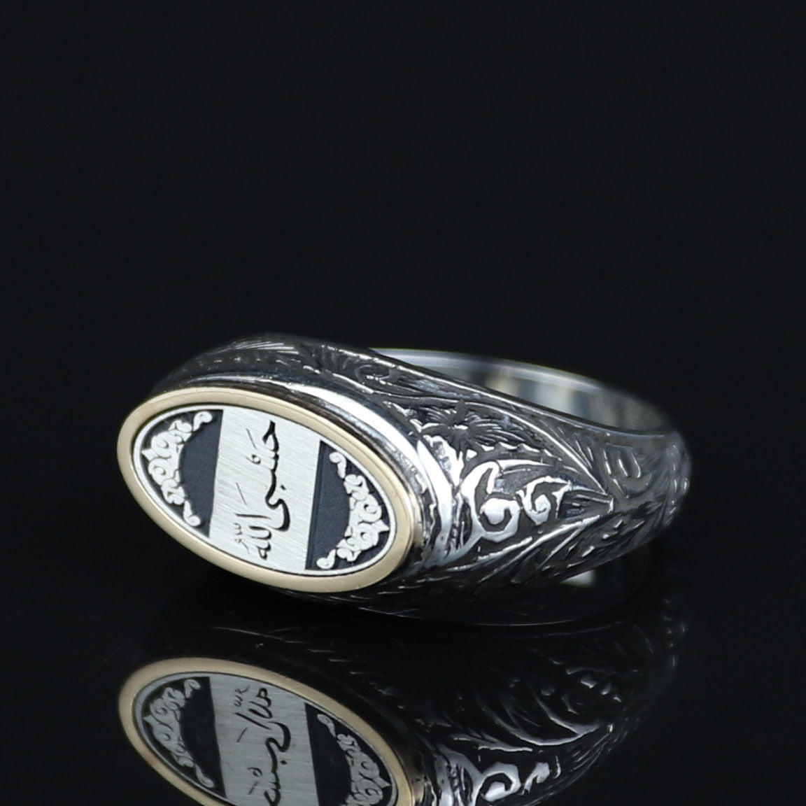 925 Sterling Silver Men’s Arabic Calligraphy Signet Ring, Oval Engraved Statement Ring, Vintage Islamic Style Ring, Intricate Floral Filigree Design
