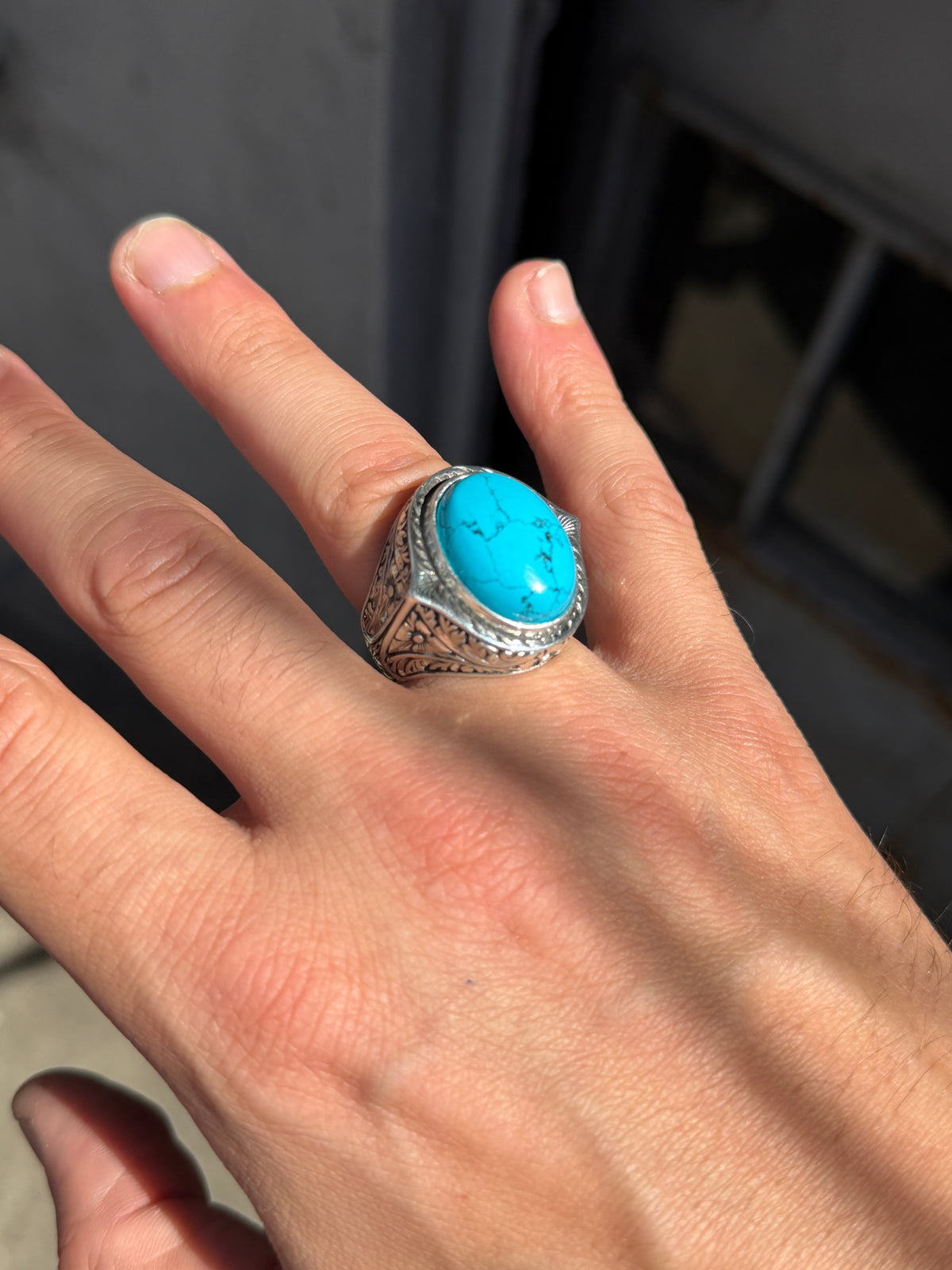 Men Engraved Silver Turquoise Ring , Handcrafted Ottoman Men Ring, Natural Gemstone Ring, 925k Sterling Silver Ring, Gift for Him