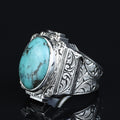 925 Sterling Silver Turquoise Ring for Men, Natural Turquoise Oval Gemstone Signet Ring, Vintage Engraved Statement Ring, Intricate Floral Filigree Design