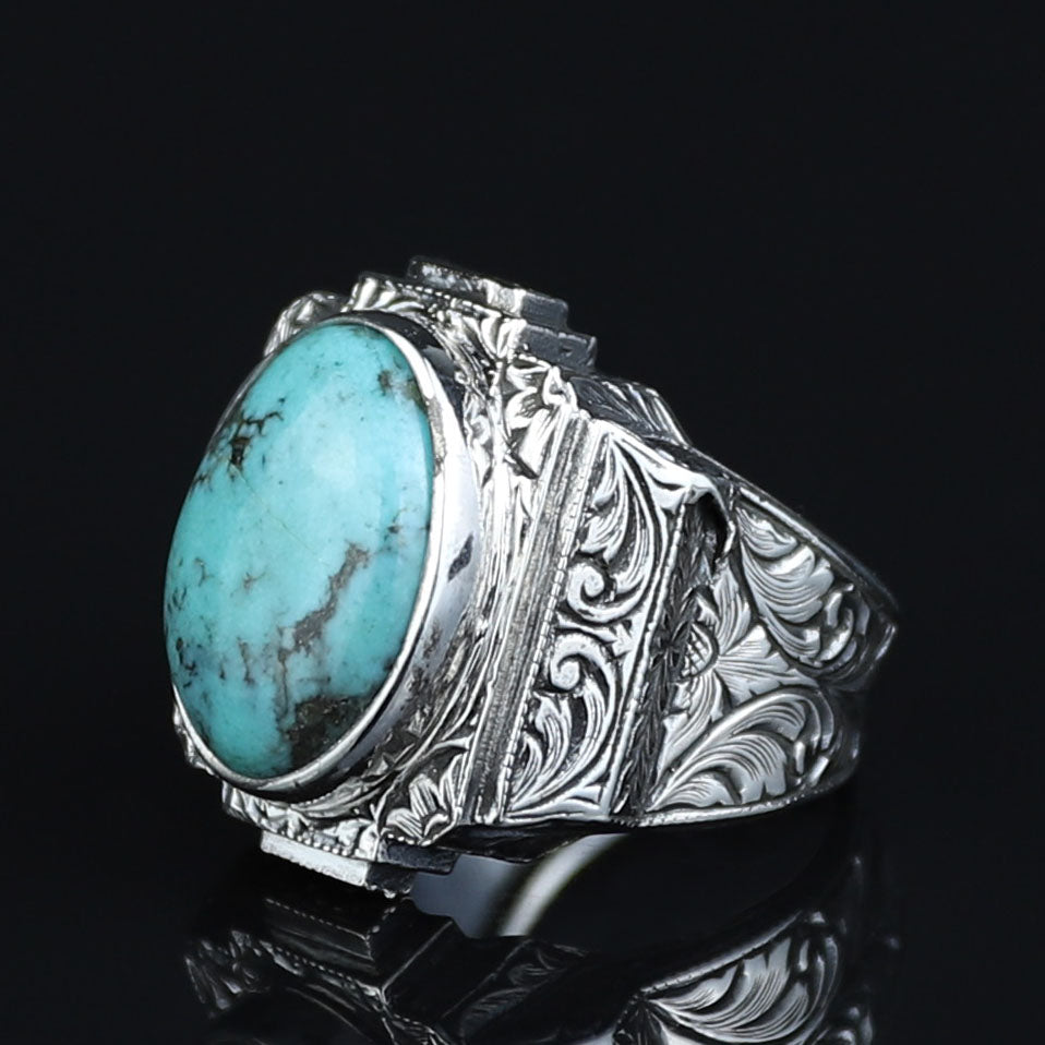 925 Sterling Silver Turquoise Ring for Men, Natural Turquoise Oval Gemstone Signet Ring, Vintage Engraved Statement Ring, Intricate Floral Filigree Design