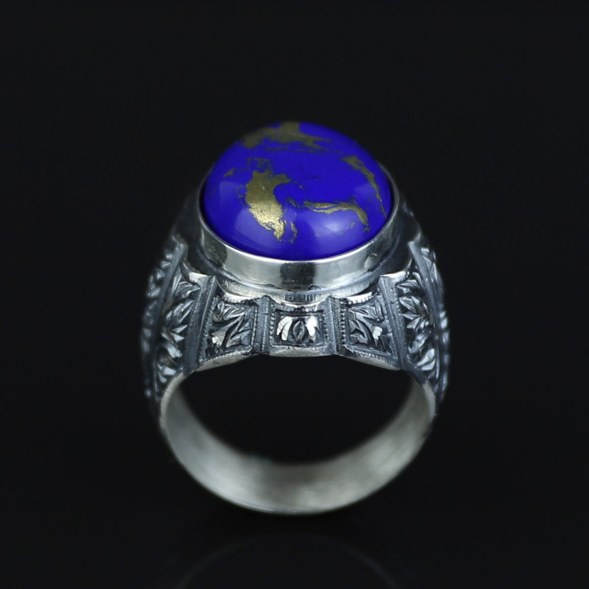 Men Handmade Engraved Natural Lapis Lazuli Gemstone Ottoman Style Ring