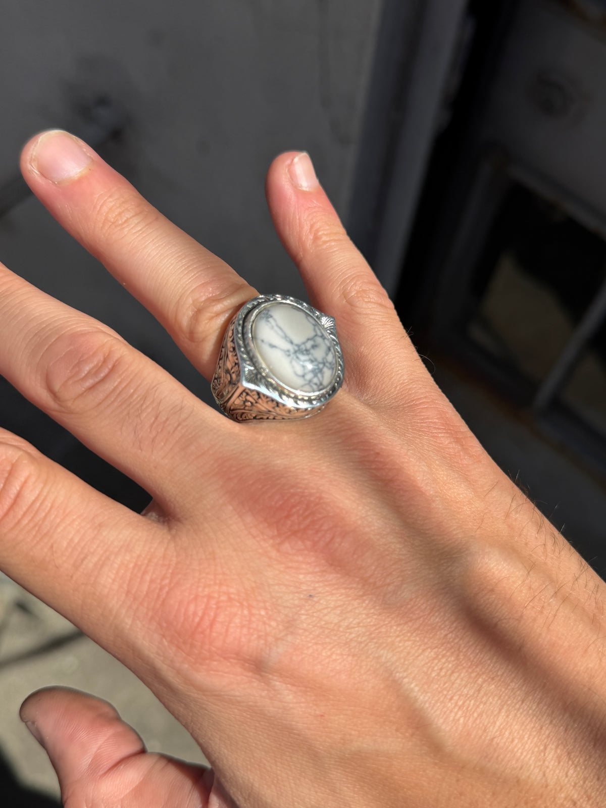 Men Silver White Turquoise Ring, Natural White Turquoise Engraved Ring, Oval Turquoise Sterling Silver Men Ring, 925k Sterling Silver Ring