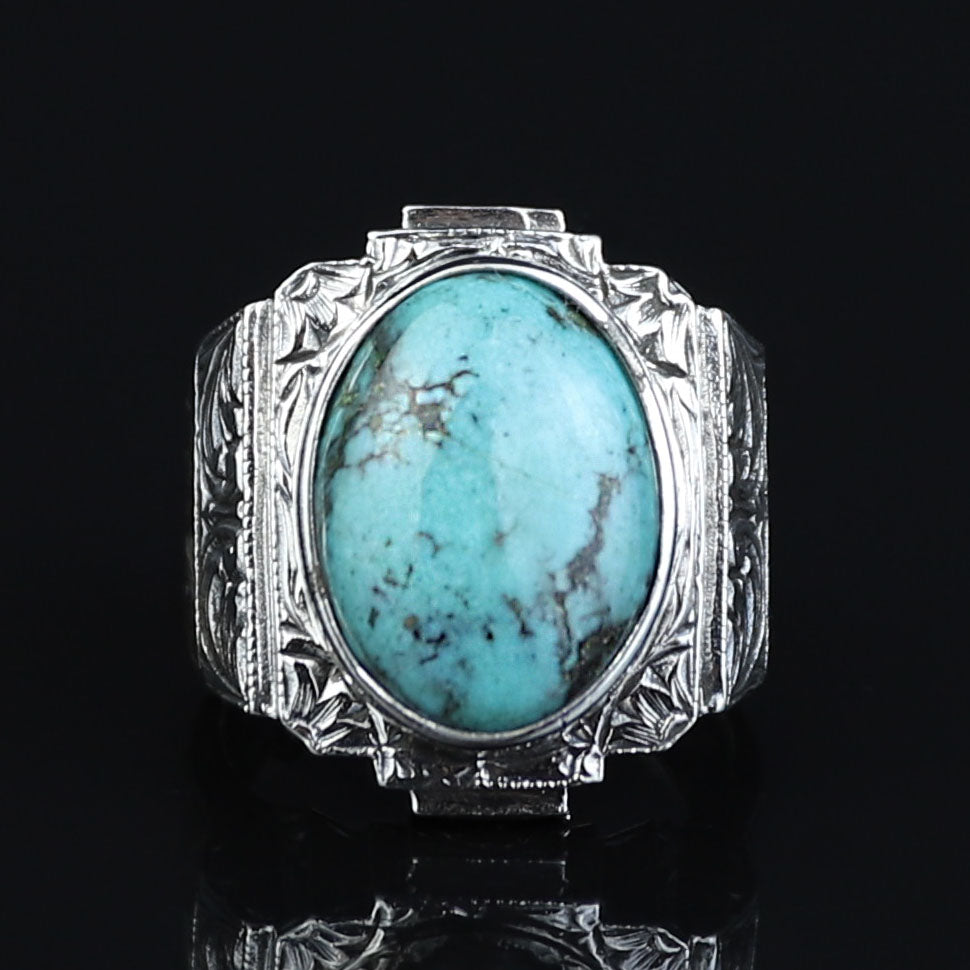 925 Sterling Silver Turquoise Ring for Men, Natural Turquoise Oval Gemstone Signet Ring, Vintage Engraved Statement Ring, Intricate Floral Filigree Design