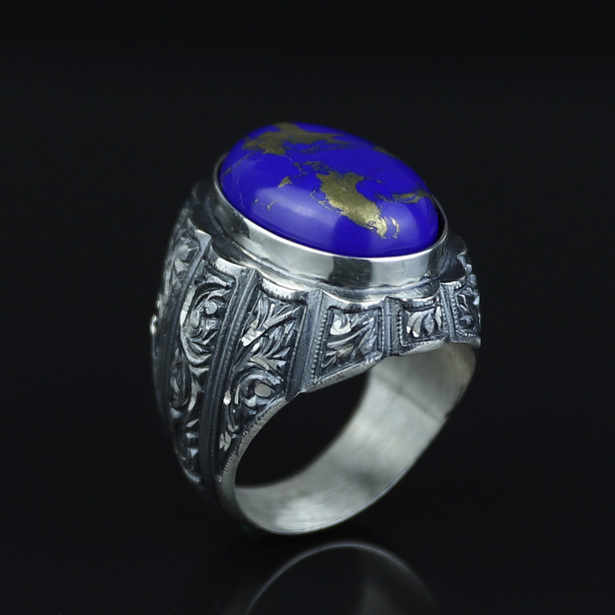 Men Handmade Engraved Natural Lapis Lazuli Gemstone Ottoman Style Ring
