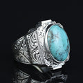 925 Sterling Silver Turquoise Ring for Men, Natural Turquoise Oval Gemstone Signet Ring, Vintage Engraved Statement Ring, Intricate Floral Filigree Design