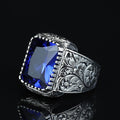 925 Sterling Silver Blue Sapphire Ring , Octogon Blue Gemstone Signet Ring, Vintage Engraved Statement Ring, Intricate Floral Filigree Design