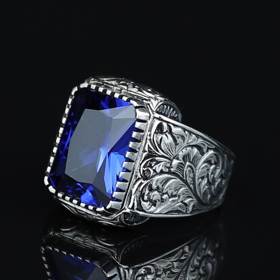 925 Sterling Silver Blue Sapphire Ring , Octogon Blue Gemstone Signet Ring, Vintage Engraved Statement Ring, Intricate Floral Filigree Design