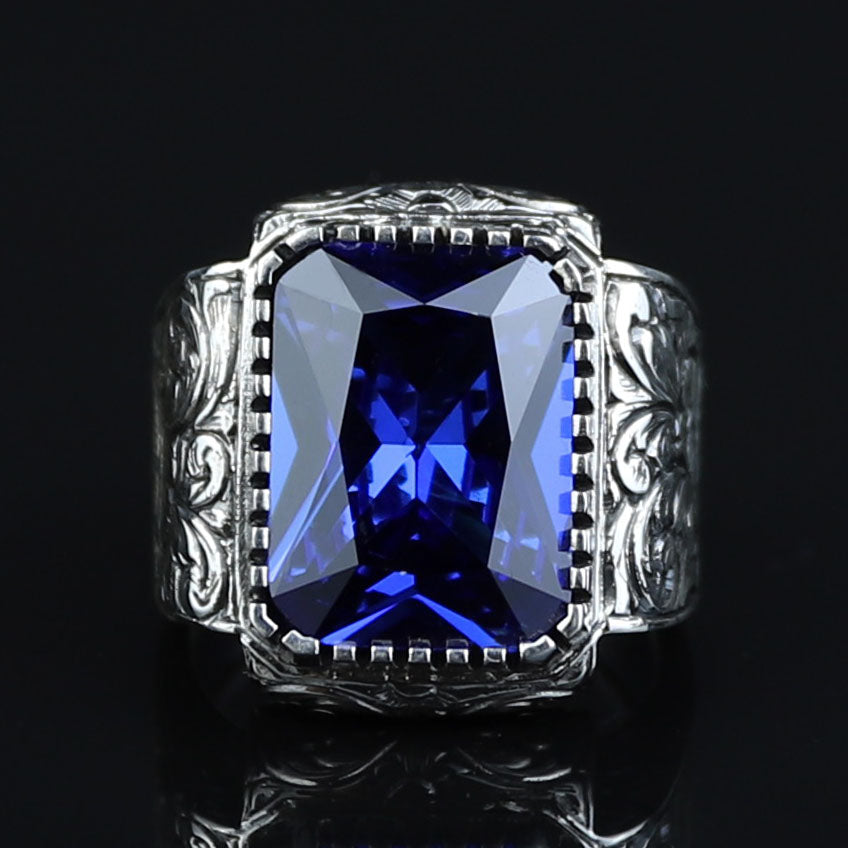 925 Sterling Silver Blue Sapphire Ring , Octogon Blue Gemstone Signet Ring, Vintage Engraved Statement Ring, Intricate Floral Filigree Design